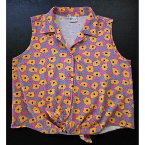 Ken Done Floral Pink Yellow Button Up Cropped Tie Front Sleeveless Made in USA